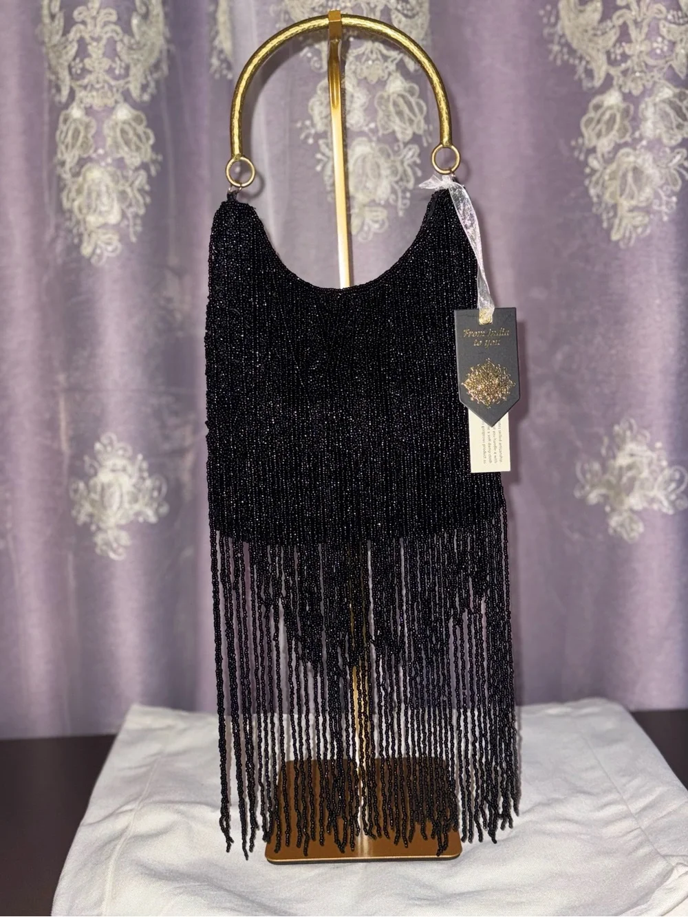 NWT “From India to You” Hand Beaded Black Fringe Evening Bag - Gold Metal Handle